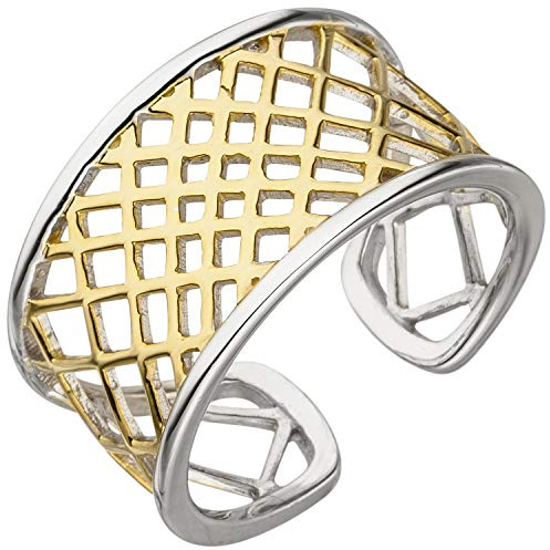Jobo Damen-Ring Statement offen breit aus 925 Sterling Silber Bicolor vergoldet Größe 54
