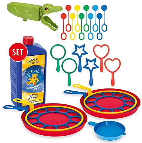PUSTEFIX Seifenblasen Set für Kinder - 20 Blasringe, 1 Bubblegator + 1000 ml Seifenblasenwasser, Bunte Bubbles Made in Germany, Seifenblasen Spielzeug für Hochzeit, Kindergeburtstag, Polterabend