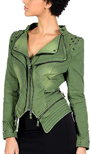 Valin Damen Grün Nieten Jeansjacker Bikerjacke mit Reißverschluss,PA01,3XL