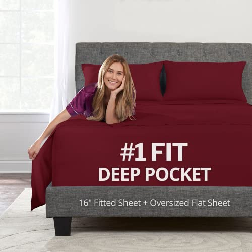 DeaLuxe Queen Deep Pocket Sheet Set - 16 Extra Deep Burgundy Microfiber Bed Linen Set for 14-18 Mattress with Zipper Closure Pillowcases