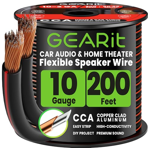 GearIT Cavo per altoparlanti calibro 10 (200 piedi), alluminio rivestito di rame, calibro spesso CCA per stereo, suono surround, home theater, radio (nero, 200 piedi)