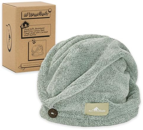 myHomeBody Serviette Wrap, Turban de Luxe Anti-frisottis à séchage Rapide, Ultra Doux et Absorbant en Fibre de Bambou à séchage Rapide, avec Bouton en Coquille de Noix de Coco – Pine Green