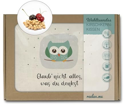 Reelax.me Kirschkernkissen für die Mikrowelle - Körnerkissen mit Spruch Eule glaub nicht alles, was du denkst– Geschenk mit Motivations-Spruch – Geschenkidee für Meditation, Yoga-Geschenk für Freundin