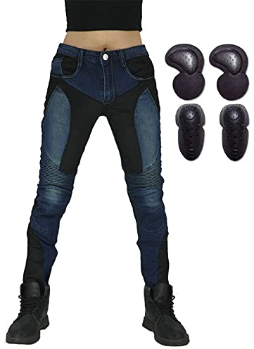 SHAIYOU Pantalones De Moto Para Mujer,Vaqueros De Motociclista Carreras Elástico Senderismo Pantalones Con Bolsillos Y 4 Almohadillas Protectoras Desmontables (Azul,XS)
