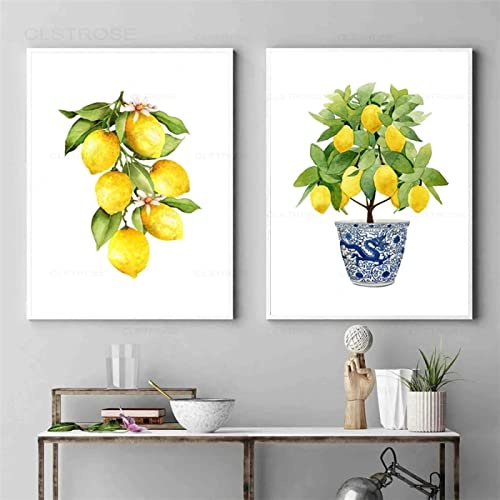 Bilder Poster Kunstdrucke Gemälde Gelbe Frucht Zitrone Aquarell Kunstdrucke Küche Wand Dekorative Bilder Zitrusfrüchte Botanisch Gemüse Leinwand Poster Für Raumästhetik 30 X 40 cm X 2 Stück