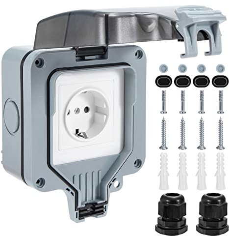 Toma de Exterior Impermeable IP66 Enchufe de Corriente Exterior con Tapa Abatible para Cocina Baño Garaje Piscina y Jardín