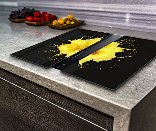 Herdabdeckplatte Induktion Elektroherd Schneidebrett Hartglas Gelb Blume auf schwarzem Hintergrund 2er Set Va Art Glas (2x breit 30 x H 52 cm)
