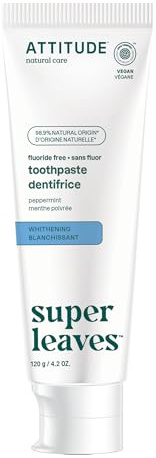 ATTITUDE Fluoridfri blekande tandkräm, pepparmyntssmak, vegan och grymhetsfri, sockerfri, växt- och mineralbaserade ingredienser, ren munvård, 120 g