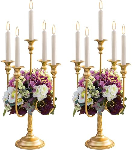 Metal Candelabra Gold Candle Stand 20in Tall, 5-Candle Candlestick Holder for Taper Candles, Candle Holder for Wedding Centerpiece Christmas Valentine Holiday Party Event Reception Decor, 2Pcs
