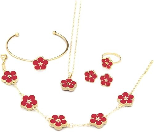 FDEETY Vierblättriges Kleeblatt Schmuckset, 18K Gold Plattiert Edelstahl Titan Stahl Halskette Ohrstecker Armband Set, Zierliches Emaille Schmuckset für Frauen und Mädchen