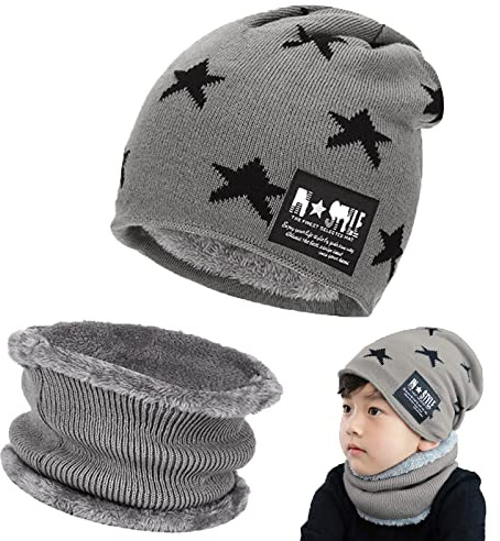 Tuofang Bonnet Chaud Écharpe Ensemble pour Enfants, Garçons Filles d'Hiver Extensible Doublure en Polaire Épais Chapeau (Convient aux 6-15 Ans) (Gris)