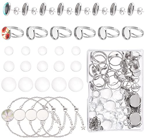 SUNNYCLUE 1 Box 88 Teilige Cabochon Sets Blanko Ringe Flache Armbänder Lünette Ohrsteckerfassung Halbrunde Glas Cabochons Für Die Schmuckherstellung Armbänder Ohrringe Frauen DIY Bastelbedarf