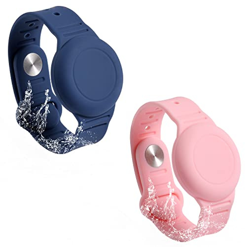 2st Barnarmband för AirTag, Vattentätt Silikon AirTag Armband för Barn Småbarn Fläder, Justerbart Klockband Anti Lost AirTag Fodral Hållare för att Dölja GPS-Spårare (Rosa, Mörkblå)