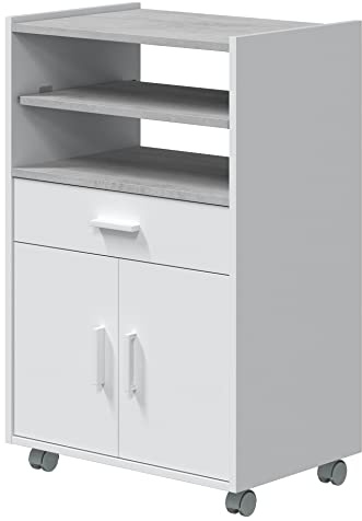 PEGANE Meuble pour Micro-Ondes sur Roulette en Bois mélaminé Blanc Effet béton - Longueur 59 x Profondeur 40 x Hauteur 92 cm