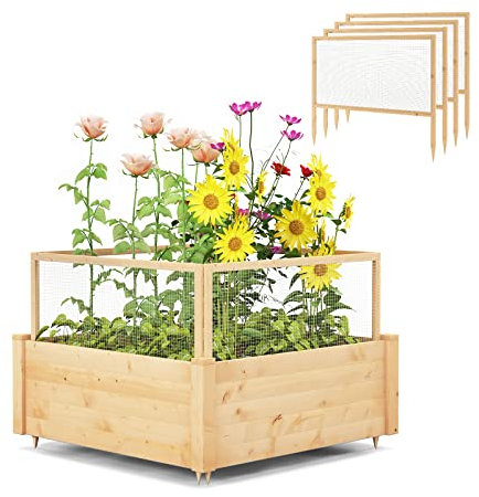 GOPLUS Jardinera Elevada con Rejilla Protectora, Cama de Jardín con 9 Compartimentos, Huerto de Madera con Diseño sin Suelo para Flores y Verduras, 107 x 107 x 70 cm, Prevención de Daños por Animales