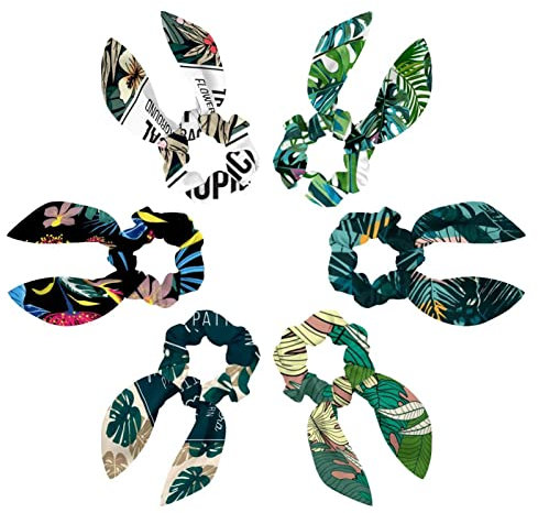 6PCS Hair Scarf Scruncheis for Women Girls, Ribbon Bow Elastic Hair Ties Bands Satin Hair Ribbon Scrunchy Ponytail Holder Accessories,Tropical Palm Leaves and Floral