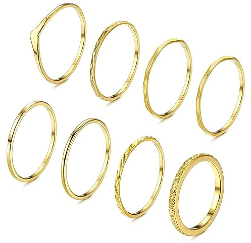 Adramata 8Pcs Gold Ringe für Damen - Edelstahl Einfaches Stapelbare Knöchelringe 14 Karat Vergoldet Set Minimalistisch Fingerring Boho Daumenring Frauen