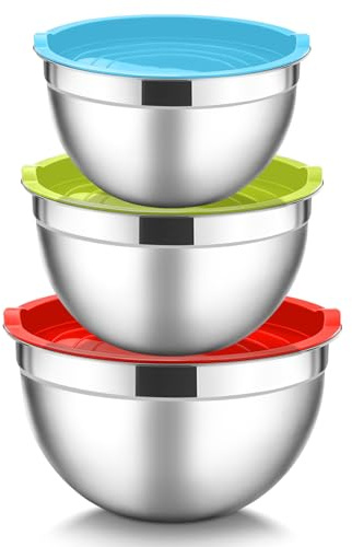 HaWare Mixing Bowls Set of 3, Stainless Steel Nesting Salad Bowls with Airtight Lids for Serving/Prepping/Food Storage, Heavy Duty & Dishwasher Safe - 1.5/3/4.5QT, Multicolor
