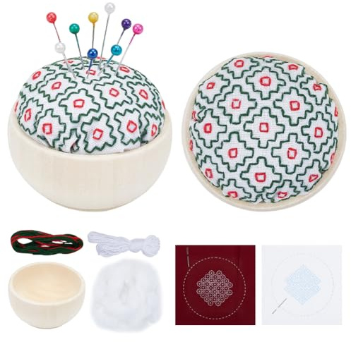 WEBEEDYY DIY Sashiko-Nadelkissen Mit Holzsockel 2 Sets Traditioneller Stil Nadelhalter Stickerei Nähset Blumendruck Baumwollstoff Nadelkissen Für Zuhause Einweihungsgeschenk