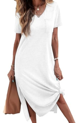 Tankaneo Chemise de nuit à manches courtes pour femme - Col en V - T-shirt d'été - Robe longue - Vêtement de nuit décontracté - Robe de nuit douce - Robe maxi ample - Fente latérale - Avec poches