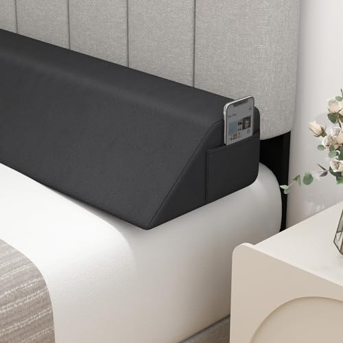 COSTWAY Oreiller de Tête de Lit 137 cm, Oreiller Cale Trapézoïdal Comble l'espace de Matelas et Tête de Lit, Long Coussin de Lit avec 2 Poches de Rangement Latérales, Gris