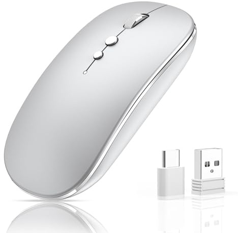 QYFP Wireless Mouse for Laptop Rechargeable, 2.4 GHz Wireless Computer Mouse Portable with USB/USB-C Dual Receiver,DPI,Back Button-Compatible with TypeC Device/Tablet,PC (Silver)
