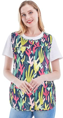 Nanxson Delantal para mujer con 2 bolsillos de parche, babero impreso de algodón, bata con botones para el trabajo, chef y cocina CF3177, Cactus azul marino, Medium
