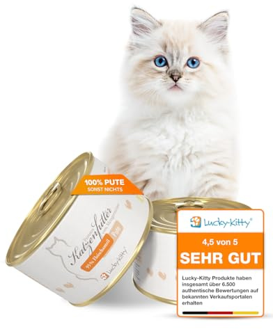 Lucky-Kitty Katzenfutter Nass Pute, 95% Fleisch, Monoprotein, 16x200g