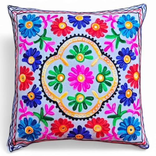Original Kikan Suzani Housse de coussin ethnique indienne avec broderie florale multicolore 40 x 40 cm Fermeture éclair à l'arrière Gris