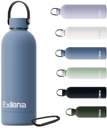 Exllena Gourde Isotherme 500ml avec Poignée Pratique - Bouteille Isotherme avec 24 Heures de Conservation au 24h Froid/12h Chaud, Revêtement Anti-Dérapant - Étanche Sans BPA (Bleu Grisâtre)