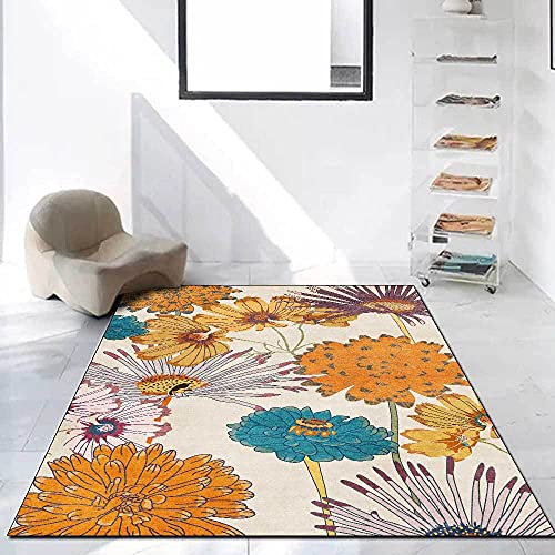 SJHDHDA Neuer waschbarer Wohnzimmerteppich, rutschfeste Akzentteppiche, Schlafzimmer-Esszimmer-Flurteppich, weicher Kurzflorteppich, Retro-Pastoralblumen, Beige-Gelb, 120 x 170 cm Learned extensively