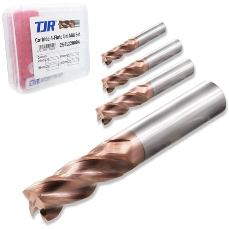 TJR Lot de 4 fraises en carbure de tungstène Uni Mill (6/8/10/12 mm) – Fraises en carbure micro-grains TiAlN pour acier, acier inoxydable, fonte – Fraisage CNC, coupe précise