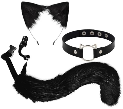 Scinzene Katzenohren, Katzenkostüm Katzenohren Haarreif, Katzenschwanz und Halsband aus Plüsch, Perfekt für Halloween, Karneval, Cosplay, Kostümpartys und Katze Kostüme