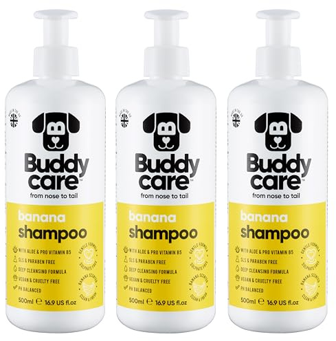Bananhundschampo från Buddycare | Djuprengörande schampo för hundar | Banandoftande | Med Aloe Vera och Pro Vitamin B5 (500 ml x 3)