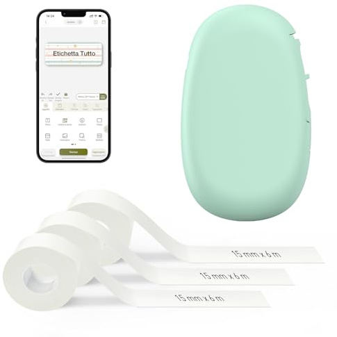 SUPVAN E10 Etikettendrucker, 3 Rollen wasserfeste Endlosetiketten, grün | Tragbar, Bluetooth für iOS/Android, multifunktional, Endlosetiketten 15 mm x 6 m/Rolle, für Zuhause, Schule & Büro