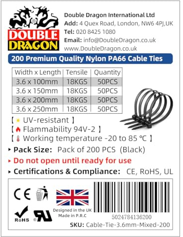 Double Dragon Lot de 200 attaches autobloquantes robustes en nylon PA66-4 tailles (100 mm, 150 mm, 200 mm, 250 mm) x 3,6 mm - Pour la gestion des fils, la maison, le bureau et le jardin - Noir