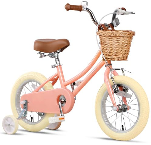 Glerc 14 Zoll Kinder Mädchen Fahrrad für 3 4 5Jahre alt kleine Mädchen Retro mit Stützrädern und Glocke, Pfirsich