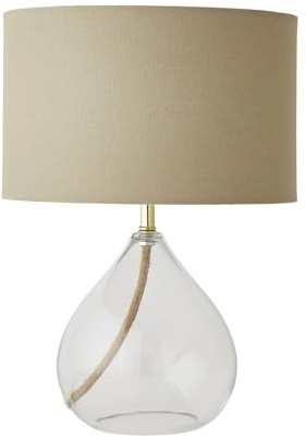 ValueLights | Eloise Natural Linen Drum Shade Clear Glass Teardrop Table Lamp with LED Bulb | Table Lamps, Home Décor & Improvement Essential | Included LED Bulb