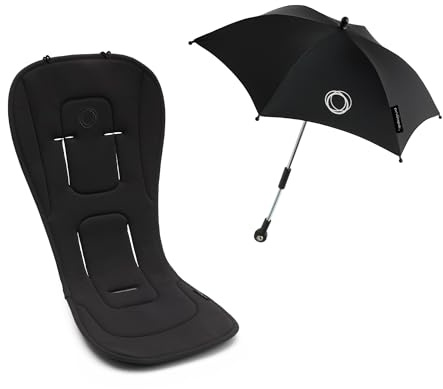 Bugaboo Pack de Accesorios de Verano: Colchoneta Doble Confort para todas las estaciones y, Sombrilla+, compatible con todos los carritos Bugaboo, tejido de protección solar UPF 50+. Negro