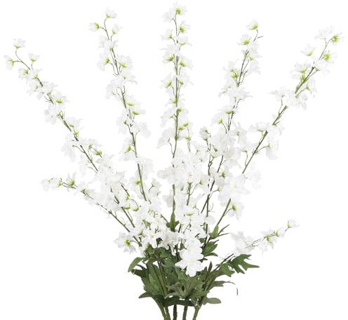 INSUNSIX Künstliche Ritterspornblumen, 5 Stück, künstliche weiße Blumen, 108 cm hoch, Kunstrittersporn aus Seide für Hochzeit, Tafelaufsatz, Brautparty, Heimdekoration (Reinweiß)