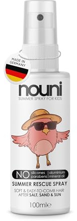 nouni Summer Rescue Spray pour enfants - Après soleil, sel et chlore - Après-shampoing sans rinçage avec panthénol, kératine et protéines de soie - Hydratant, sans silicone, végétalien, parfum estival