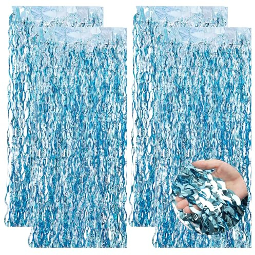 4 Stück Lametta Vorhang Blau, Glitzervorhang Welle Glitzer (1 m X 2 m) | Vorhang Geburtstag, Lametta Vorhänge, für Hochzeit Fotowand Bühnendekor Foto Hintergrund Party Deko Luftschlangen