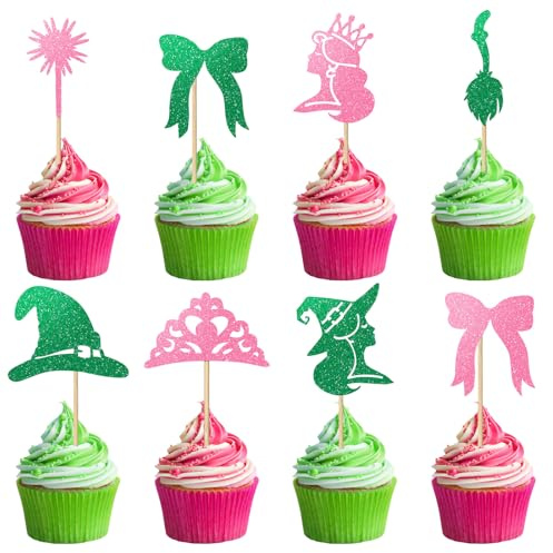 24PCS Pink and Green Cake Cupcake Toppers Decorations Princess and Witch Themed Cupcake Toppers Witch Hat Crown Bow Cakes Food Safe Cake Decorations for Halloween Witchs Themed Birthday Party Supplies