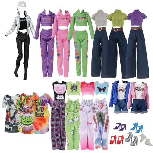13 Stück Puppenkleidung und Zubehör, Fashion Kleidung Outfit für 11,5 Zoll Puppen Zufällige Stile 1 Jacken-Set 1 Trainingsanzug 1 Jeans Set 1 Weste Set 1 Pullover Set 1 T-Shirt 5 Paar Schuhe 1 Mütze