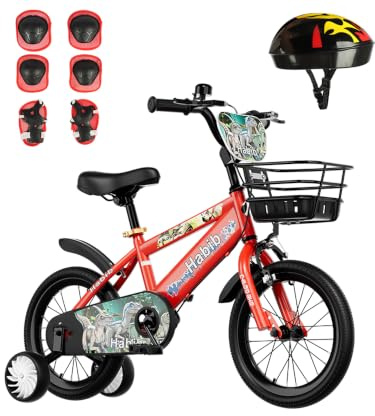 Habib Dino Kinderfahrrad Jungen 12 14 16 Zoll, Helm & 6-TLG. Schutzset | Größe nach Körpergröße: 12 Zoll 85–105, 14 Zoll 100–120, 16 Zoll 115–130 cm – Sattel ab 47 cm