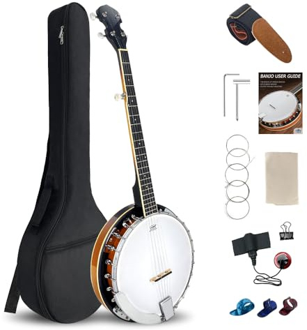 ModouString 5 String Banjo 38 Inch Full Size, Closed Back Mahogany Banjo with Remo Head,24 Brackets, Strap，Finger Picks & Full Kit for Adults and Professionals