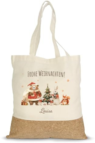 GRAVURZEILE Bedruckte Einkaufstasche Kork - Pullovertiere - Personalisiert mit Name - Einkaufsbeutel aus Baumwolle & Korkbesatz - Tragetasche mit langen Tragegriffen - Geschenk zu Weihnachten
