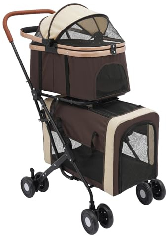 2 Etagen Hundewagen 3-in-1 Haustiere Buggy Haustiertransportboxen Hundebox Klappbar bis 35 kg für zwei kleine bis mittelgroße Hunde Katzen (Kaffeefarben)
