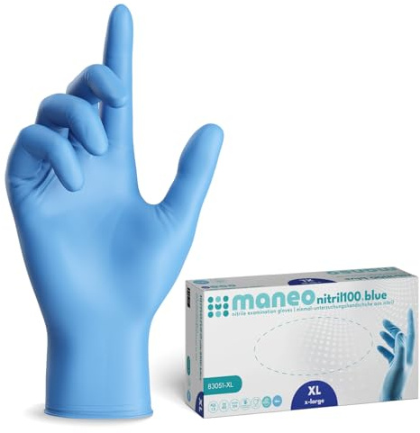 maneo 1000 gants jetables bleus taille XL, protections en nitrile non poudrées sans latex, articles en caoutchouc à usage unique, protection résistante pour nettoyage, cuisine et travaux ménagers