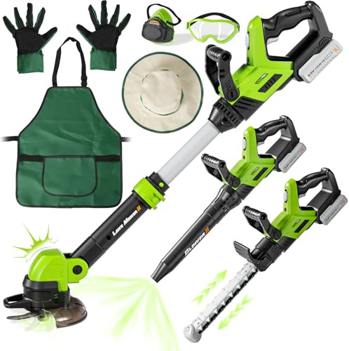 maysida Juego de Herramientas Infantil Mejorado, 3 en 1, Herramientas de jardinería eléctricas para niños pequeños con Sonidos y Luces, desbrozadora de Juguete, soplador de Hojas y Cortasetos